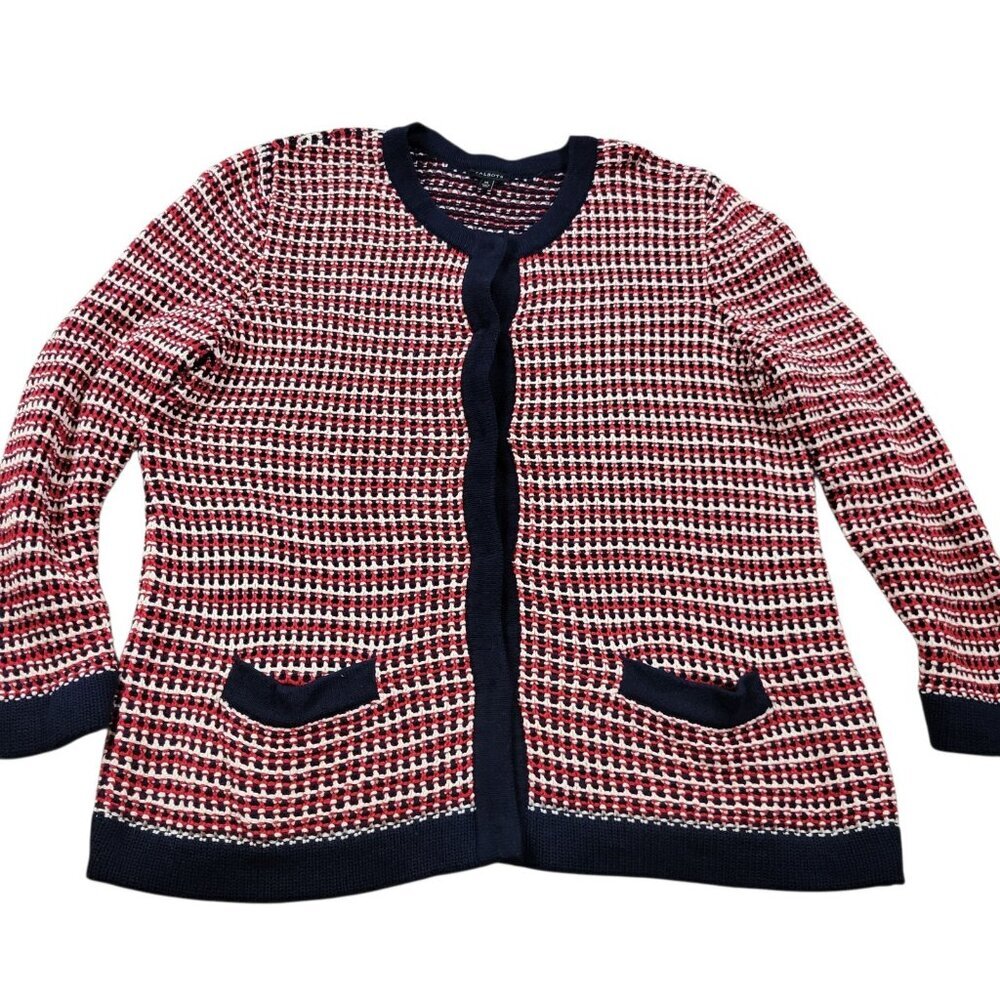 Talbots Cardigan Sweater Womens XL Blue Red Snap Button Up Knit Long Sleeve